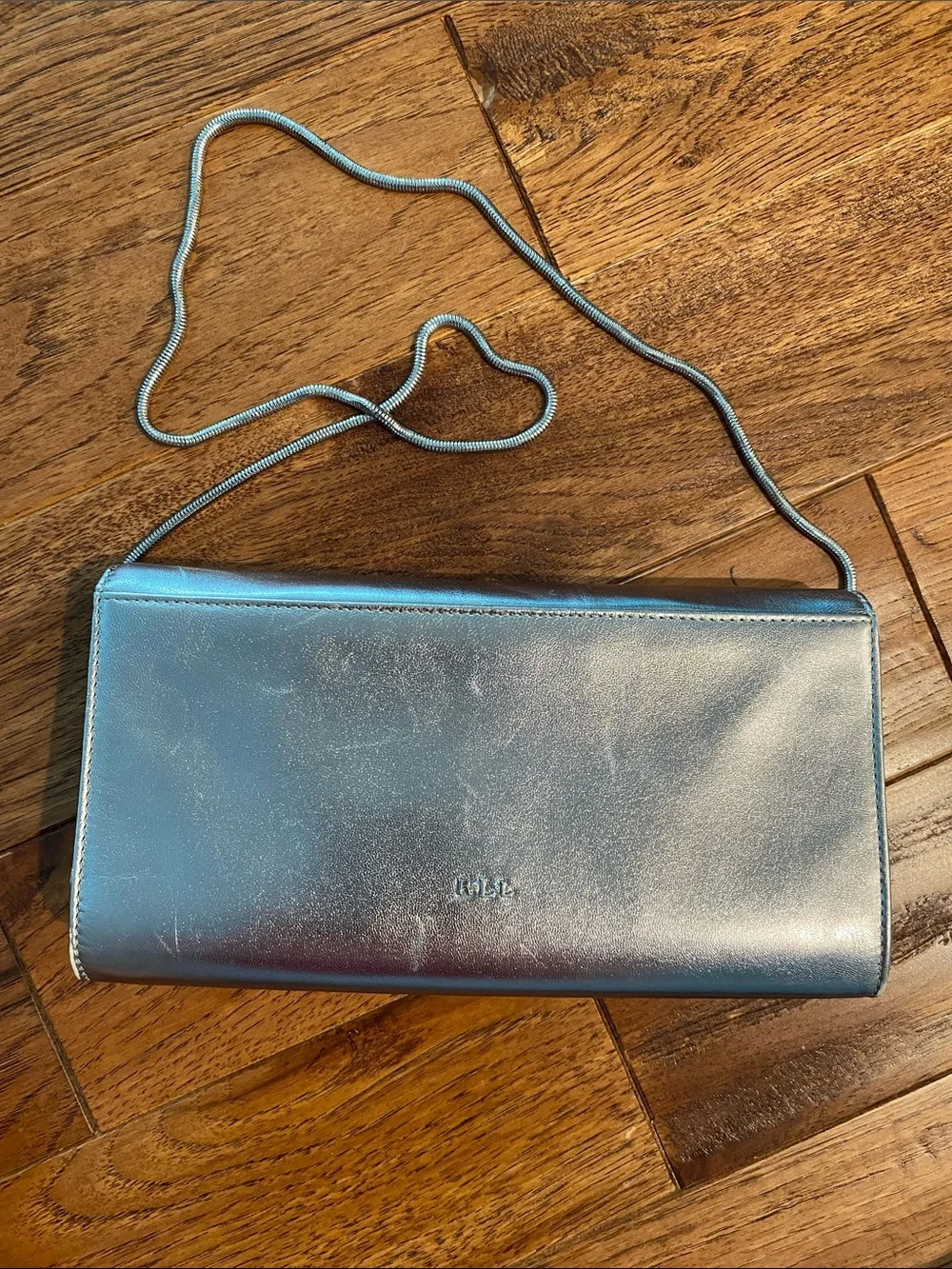 Lauren Ralph Lauren Metallic Silver Leather Bow Clutch with Chain Strap